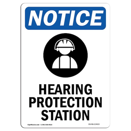 OSHA Notice Sign, Hearing Protection Station With Symbol, 10in X 7in Aluminum
